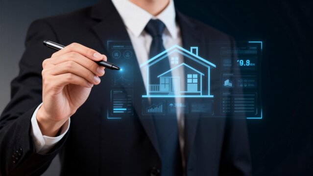 Businessman interacting with digital house icon - Powered by Adobe