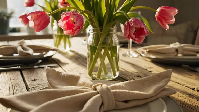 Easter table setting with bunny ear napkin and fresh pink tulips. Rustic wooden dining table decorated for a spring holiday brunch