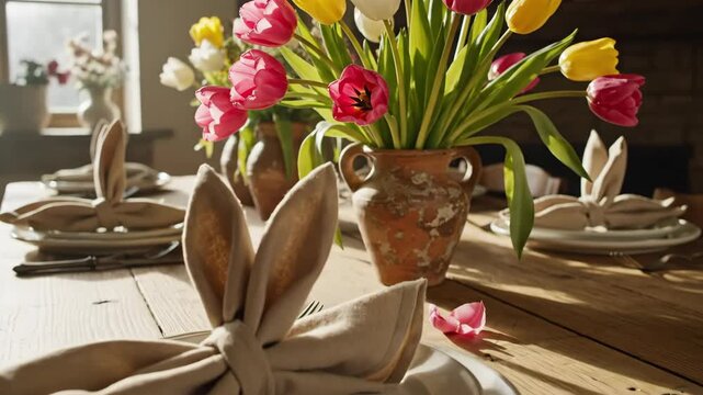 Easter table setting with bunny ear napkins and colorful tulips. Rustic wooden dining table decorated for a spring holiday celebration. Festive interior with sunlight