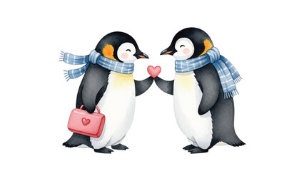 Fototapeta premium Cute Watercolor Penguin Couple Holding Heart Romantic Illustration Isolated on White