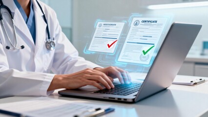 Doctor working on laptop with digital certificates