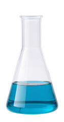 erlenmeyer flask with blue liquid on white background.