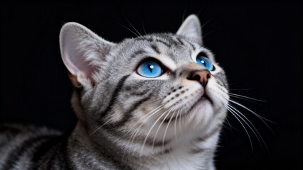 Gray cat with blue eyes looking up