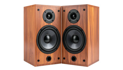 Fototapeta premium Two wooden audio speakers at a corner angle, displaying woofer, tweeter, and port