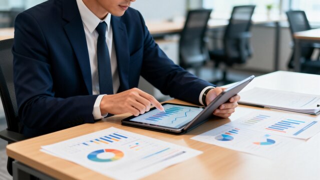 Businessman analyzing data on tablet - Powered by Adobe