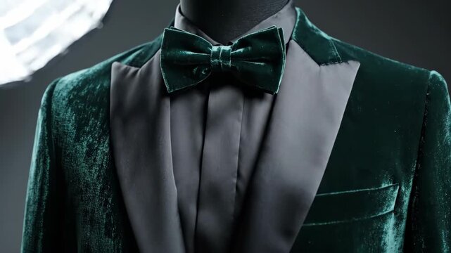 Elegant green velvet tuxedo suit on a mannequin with a bow tie. Close-up of luxury men's formal wear fashion in a studio. Stylish outfit for St. Patrick's Day or gala