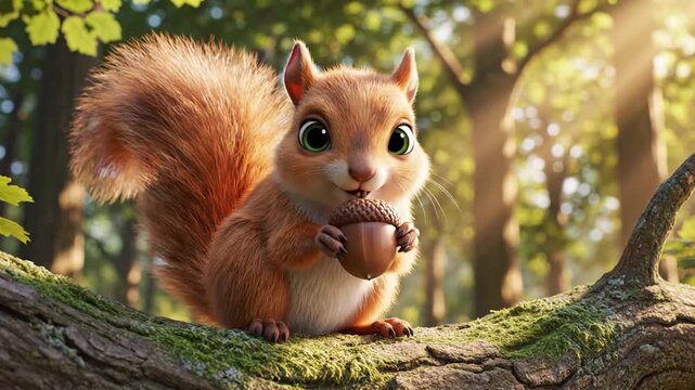 Adorable little squirrel with big eyes holding a tiny acorn in its mouth, perched on a mossy tree branch in a sunlit forest setting