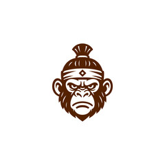 Fierce monkey mascot logo with traditional headband and topknot hairstyle, bold flat vector illustration in brown tones, isolated on white background