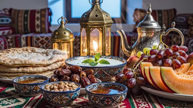 Traditional Ramadan Iftar meal spread with dates and lanterns. Middle Eastern food with flatbread, fruit, and tea. Islamic culture and hospitality concept
