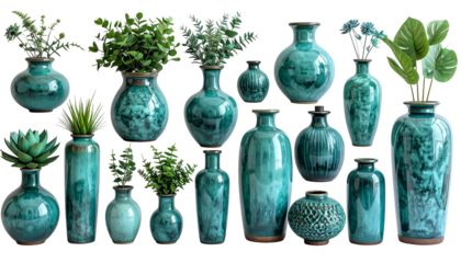 Turquoise vases of varying shapes and sizes filled with diverse green plants, black backdrop
