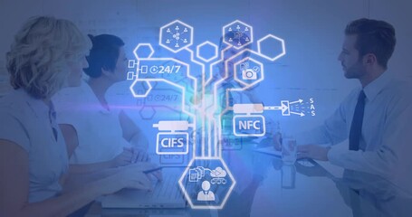 Animation of network of digital icons over diverse business people - Powered by Adobe