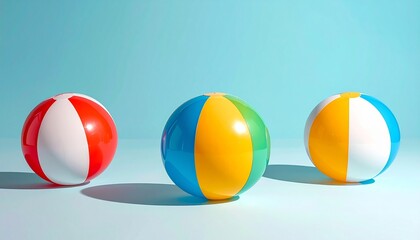 Four colorful beach balls in a row on white surface with blue background, evoking summer fun and symmetry