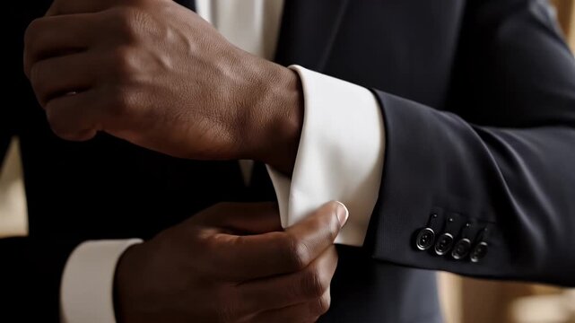 Close Up of Black African Man Fastening Cufflinks on White Shirt in Dark Blue Suit Fashion Advertisement Promotion