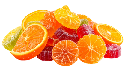 Colorful pile of fruit candies, resembling citrus slices, against a transparent background