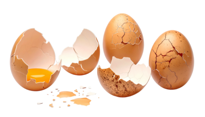 Four cracked brown eggs, one with yolk visible, set against a transparent backdrop