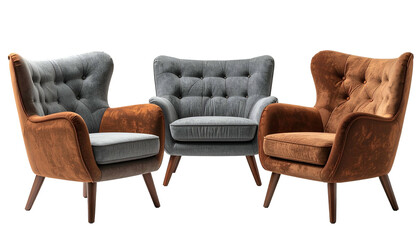 Fototapeta premium Three modern upholstered armchairs with wingback details, contrasting colors