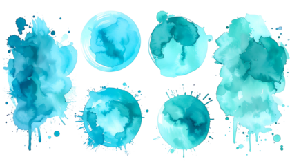 Seven stylized watercolor blobs in varying shades of blue, teal, and aqua on a black backdrop