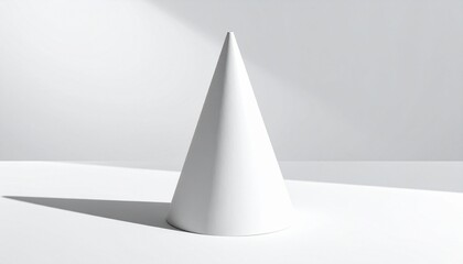 White upright cone casting shadow on flat surface with light source, emphasizing geometry and symmetry
