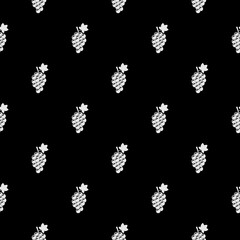 Fototapeta premium Bunch of grapes with leaf flat seamless pattern isolated on black background