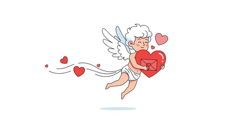 Cute little cupid with wings flying while holding a large red heart with a love letter inside for a romantic celebration.