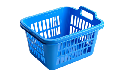 Vibrant blue plastic laundry basket with rectangular shape and handle, isolated on black