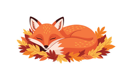 Obraz premium Cute orange fox sleeping peacefully while curled up on a cozy bed of colorful autumn leaves in a warm seasonal illustration.
