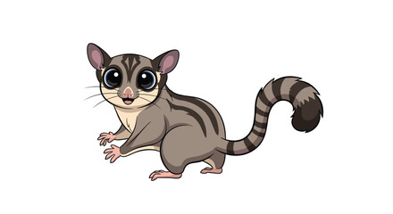 Fototapeta premium Detailed illustration of a cute sugar glider with large eyes and a striped tail standing in a curious and alert pose.
