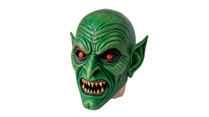 Green goblin mask with sharp teeth and red eyes  for Halloween decoration ideas isolated on transparent background cut out