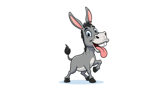 Happy cartoon donkey standing on three legs with its tongue out and a very cheerful and expressive face for kids animation.