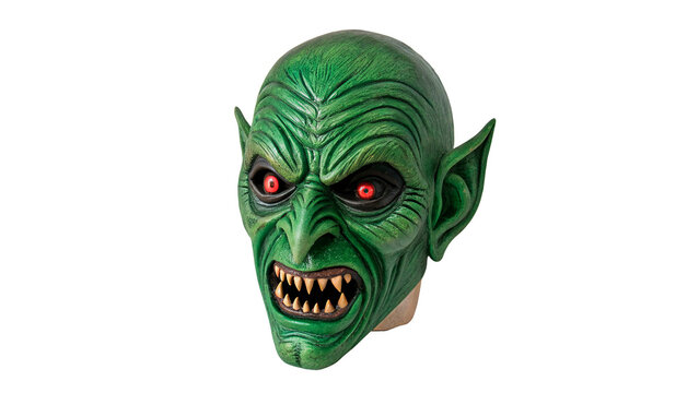  Green goblin mask with sharp teeth and red eyes  for Halloween decoration ideas isolated on transparent background cut out