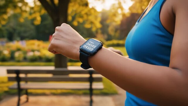 Runner checking smartwatch fitness tracker step count and heart rate during golden hour park workout with blurred bench trees colorful garden background focused athletic jogger monitoring progress