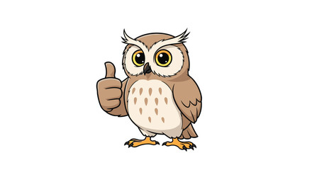Wise brown owl character standing and giving a positive thumbs up gesture with its wing and a friendly expression on its face against a white background.