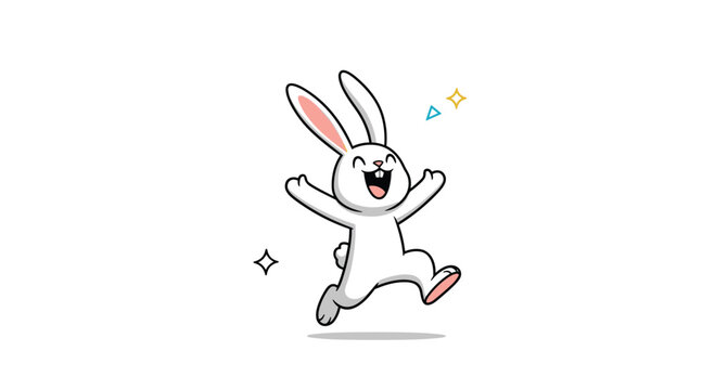 Happy white rabbit character jumping with excitement and joy while being surrounded by bright sparkles and colorful geometric shapes in the air.