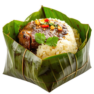 An overhead shot of a luwombo parcel, beautifully tied with banana leaf strips, presented as a gift of food and isolated on a white background