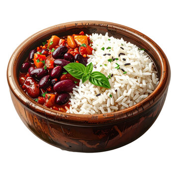 An overhead shot of a fully loaded waakye meal, showcasing all its vibrant components and colors, cleanly isolated on a white background