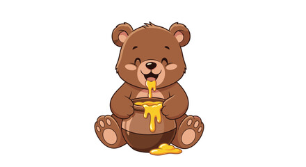Obraz premium Adorable brown bear cub sits on the ground and happily eats honey from a large ceramic pot on a white background.