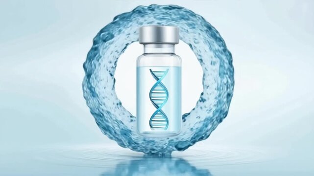 Vial containing DNA solution in a water ring, symbolizing genetic research and innovation in biotechnology.