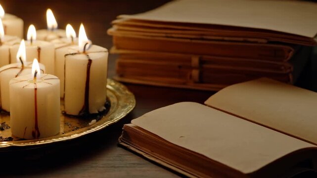Calm candle flame wax melting ritual aesthetic glow with wax drip vintage tray and brass plate near old book page creating intimate quiet mood warm light fire and wick glow for peaceful reading