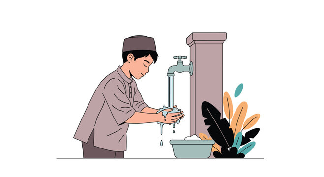 Young Muslim boy wearing a kufi hat performing wudu at a water faucet preparing for prayer in a detailed flat vector illustration style.