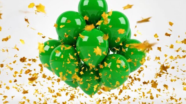 Bunch of glossy green balloons floating with falling gold star confetti. Festive St. Patrick's Day celebration concept on white background