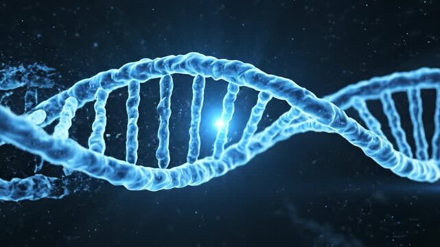 Blue glowing DNA double helix strand microscopic molecular closeup with luminous core, illuminated nucleotides and floating particles evoking genetic discovery, futuristic biotechnology and genome