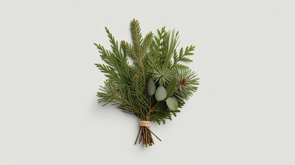 Tied bundle of lush green evergreen branches with pine needles on a neutral background for decoration