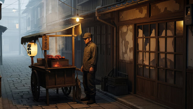 Street Vendor in Historic Alley Food Cart Foggy Street Urban Scene. Concept featuring street vendor, food cart, historic alley, foggy street, urban scene.