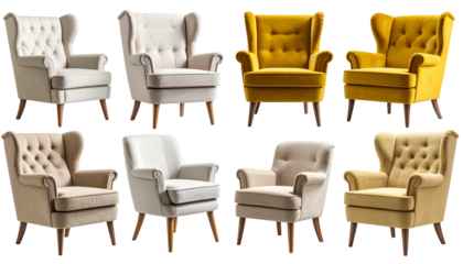 Collection of eight tufted wingback armchairs in various colors with wooden legs