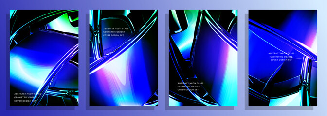 Abstract neon glass composition with blue lights and metallic reflections cover poster background design set, Vibrant abstract artwork featuring sleek blue glass forms, and metallic highlight.