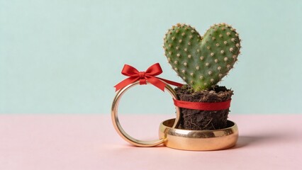 Heart shaped cactus planted in soil and wrapped with a red ribbon, standing inside a large golden ring with bow, on pastel pink and mint background, symbolizing prickly love and engagement.