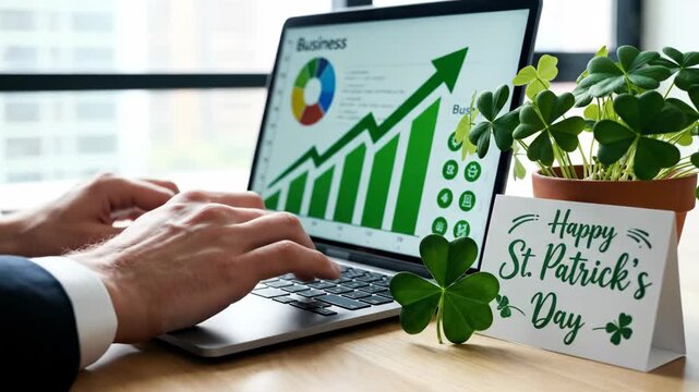 St. Patrick's Day business success. Hands typing on a laptop with a green growth chart. Shamrock plant and greeting card on an office desk. Financial luck and prosperity concept