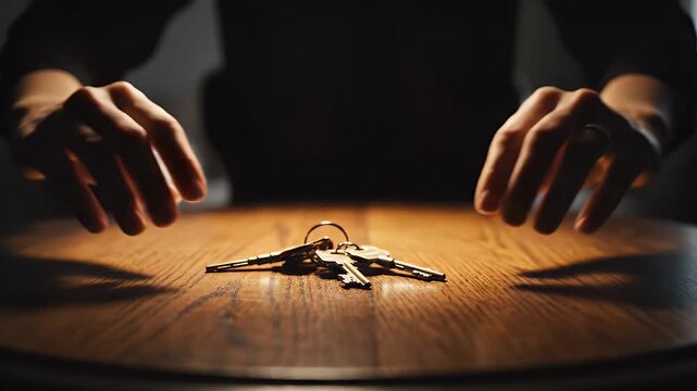 Person Placing Keys on Wooden Table in Dark Ambient Lighting POV Shot Person Placing Keys Carefully on Wooden Table Top