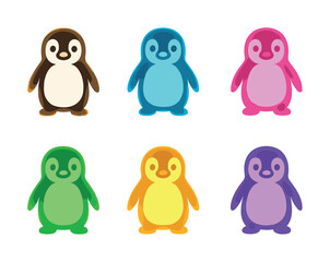 Obraz premium Colorful cartoon penguins in various shades on white background