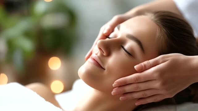Young woman receiving relaxing massage at beauty salon, skincare and rejuvenation therapy treatment, spa wellness services, professional facial care, tranquil atmosphere, with copy space